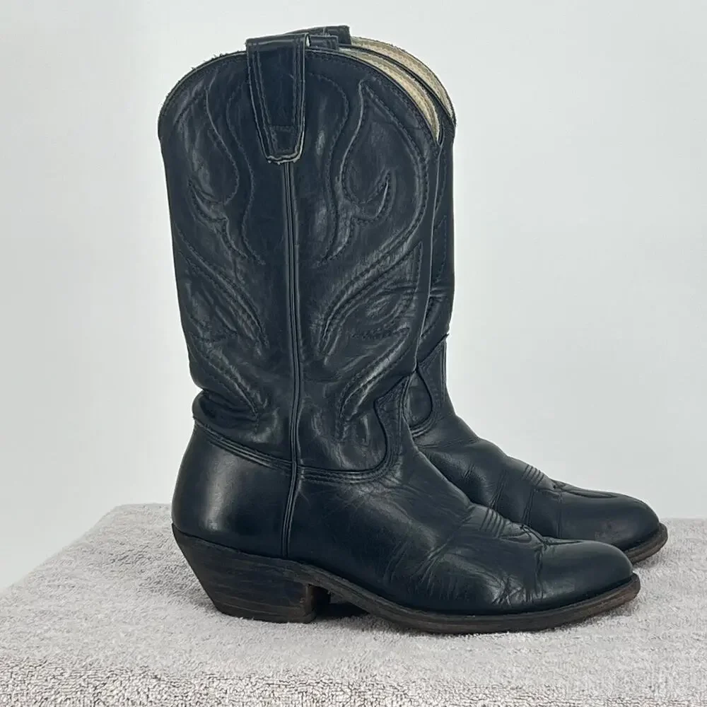 Vintage STEWART BOOT CO. Men's Black Traditional Cowboy Boots 8.5 EE Made in USA